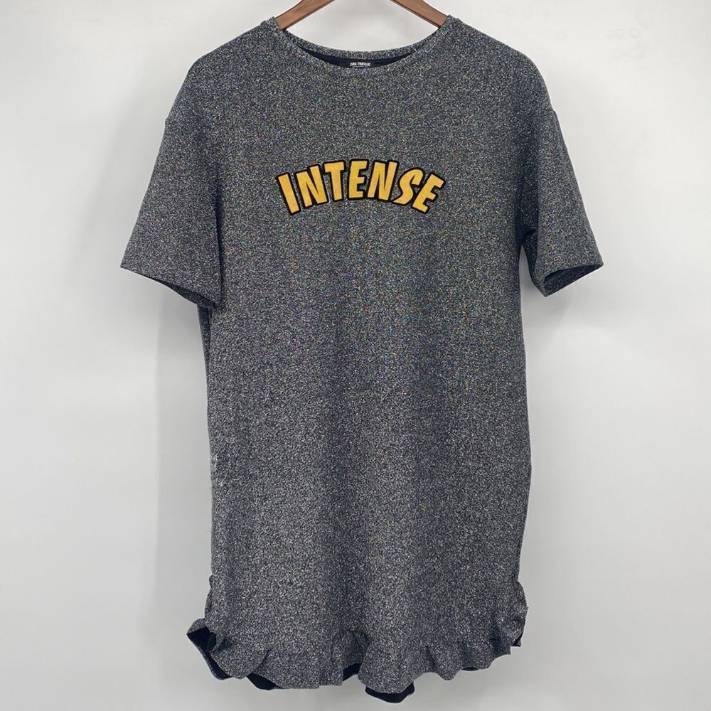 Zara Trafaluc Intense Silver Metallic Short Sleeve Ruffle Trim Tunic Dress Small